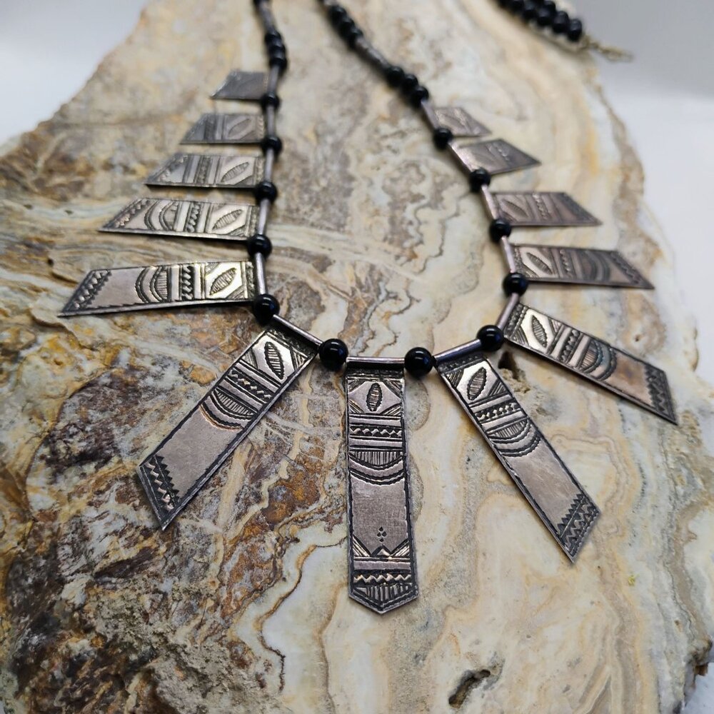 Vtg Tuareg Silver & Onyx African Celebra Necklace Agadez Berber Tribal Collar